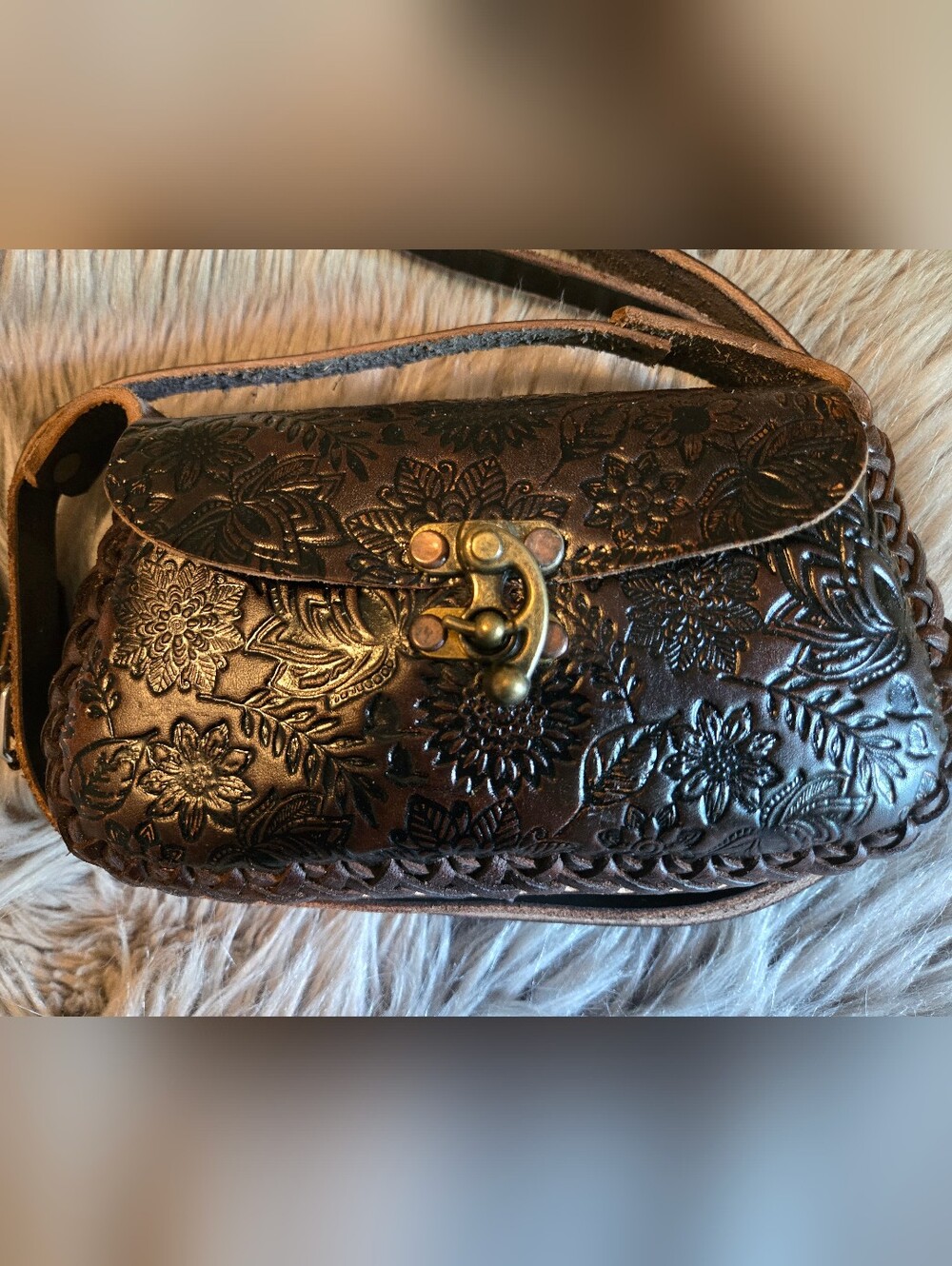 Embossed Floral Leather Crossbody Bag in Dark Brown